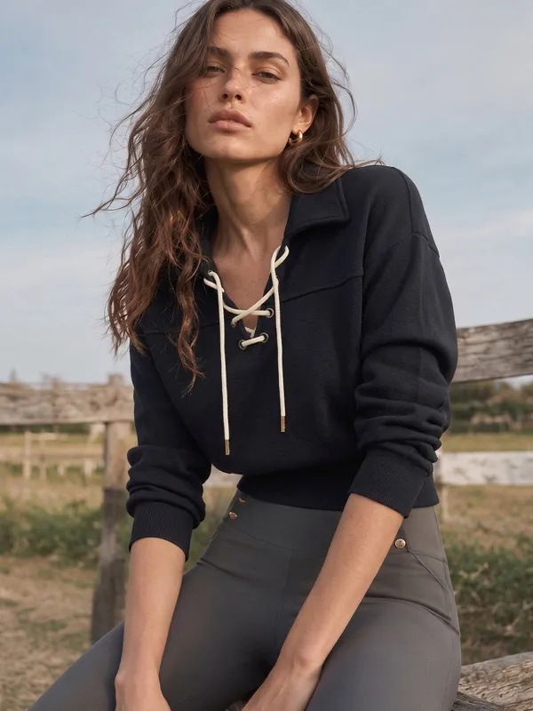 Lace‑Up Collared Cropped Sweatshirt made by COMMENSE