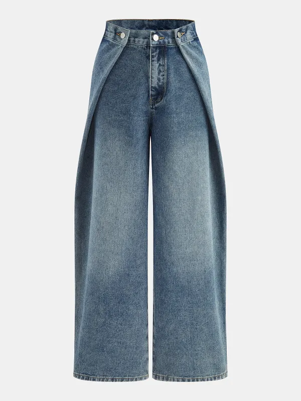 Tab‑Detail Layered Wide‑Leg Denim Pants made by COMMENSE