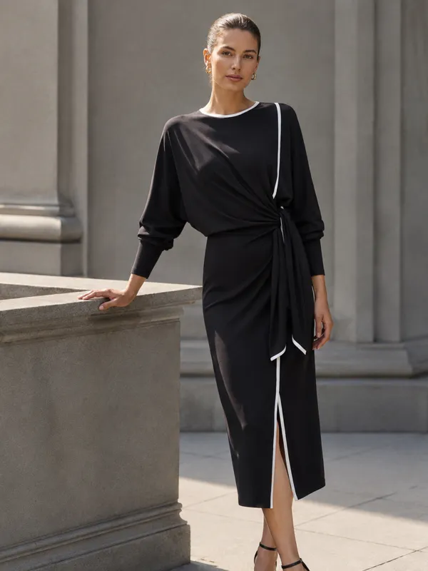 Contrast‑Piping Knotted Waist Midi Dress made by COMMENSE
