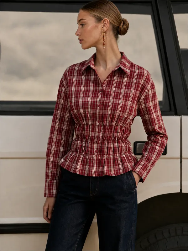 Plaid Cinched Waist Peplum Shirt made by COMMENSE