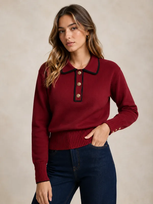 Contrast Trim Collared Wool Blend Knit Top made by COMMENSE