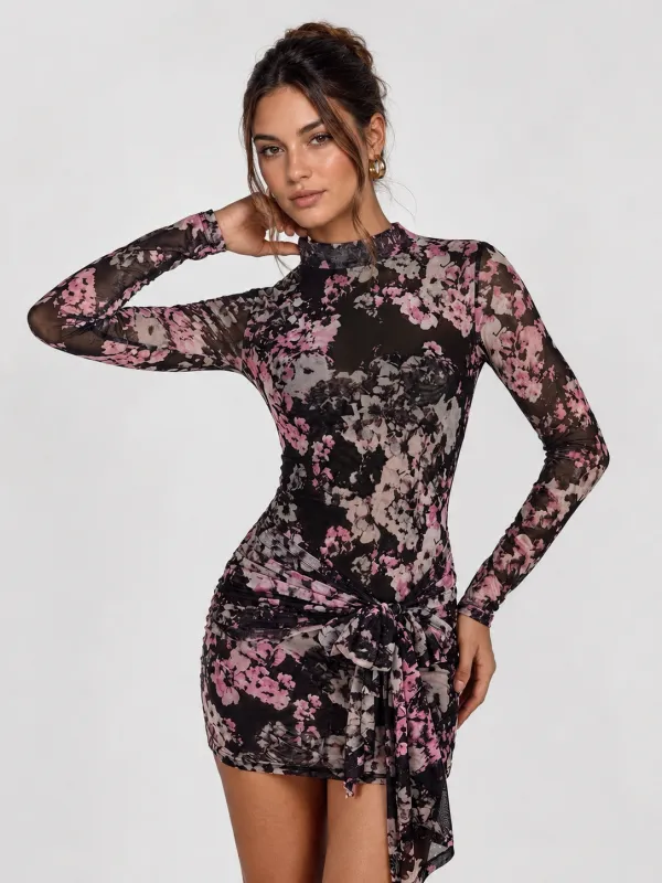 Floral Mesh Mock Neck Tie‑Detail Mini Dress made by COMMENSE