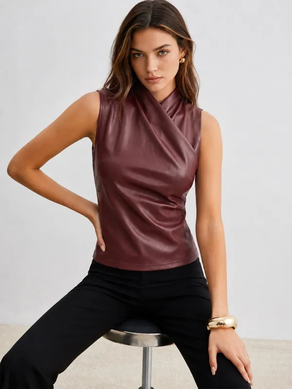 Faux Leather Draped Cross Neck Sleeveless Top made by COMMENSE