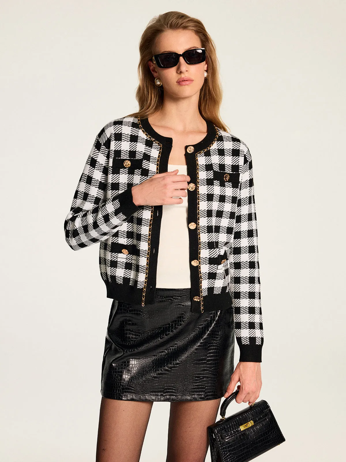 Gingham Chain Trim Wool Blend Knit Cardigan sold by COMMENSE product image thumbnail 2
