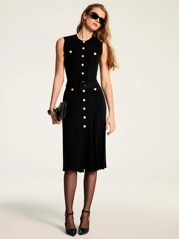 Metal Button Belted Sleeveless Knit Midi Dress made by COMMENSE