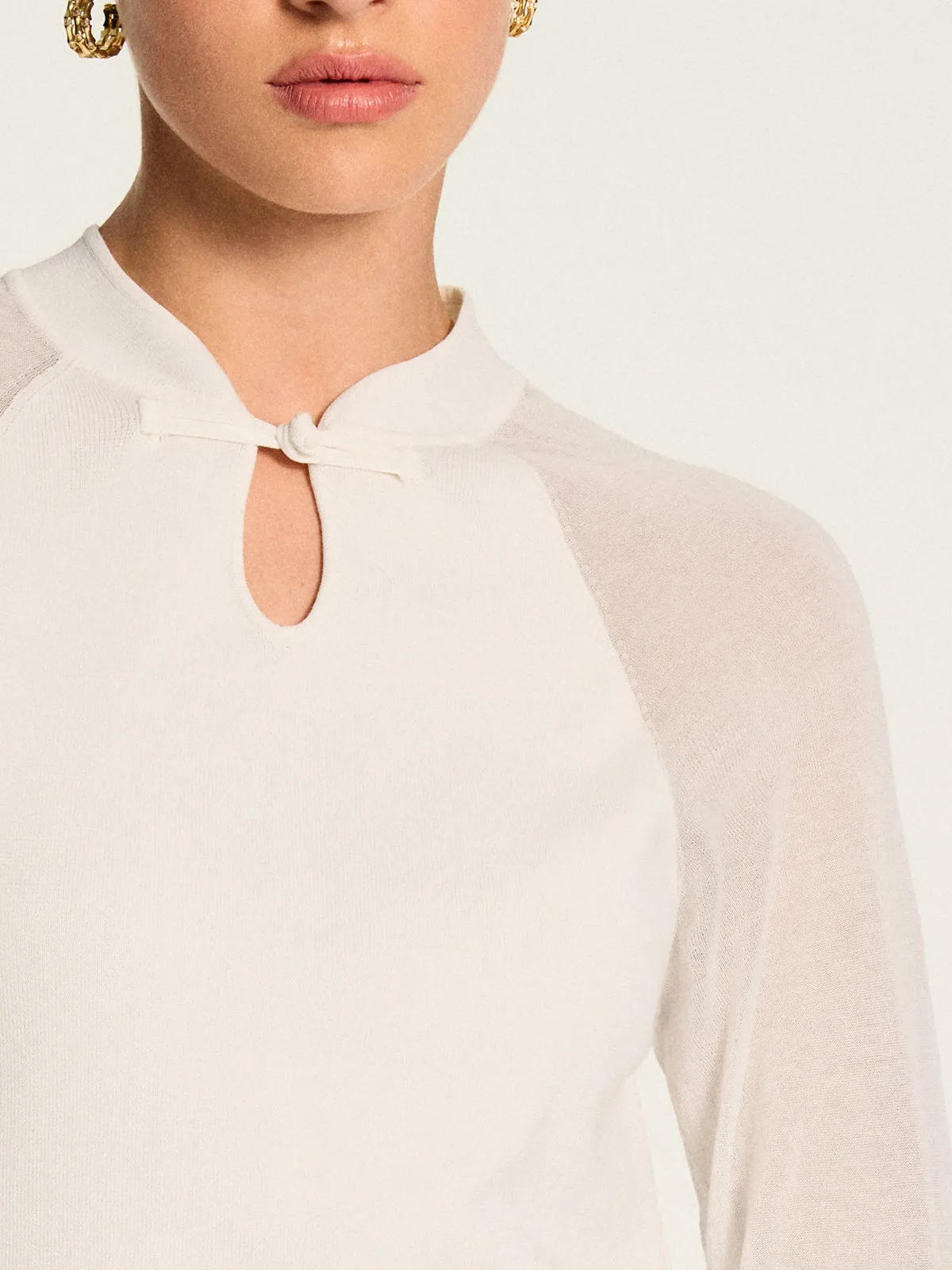 Frog‑Knot Keyhole Sheer Sleeve Knit Top sold by COMMENSE product image thumbnail 4