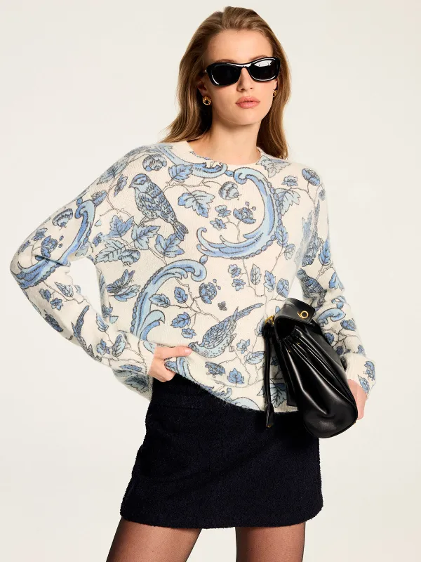 Bird Floral Pattern Wool Blend Knit Sweater made by COMMENSE