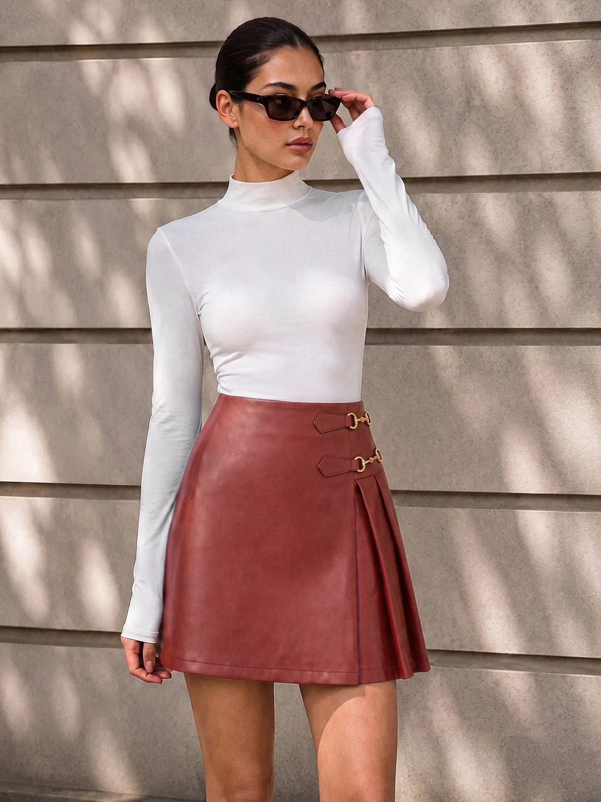 Horsebit Decor Pleated Faux Leather Mini Skirt sold by COMMENSE product image thumbnail 2