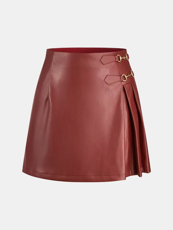 Horsebit Decor Pleated Faux Leather Mini Skirt made by COMMENSE