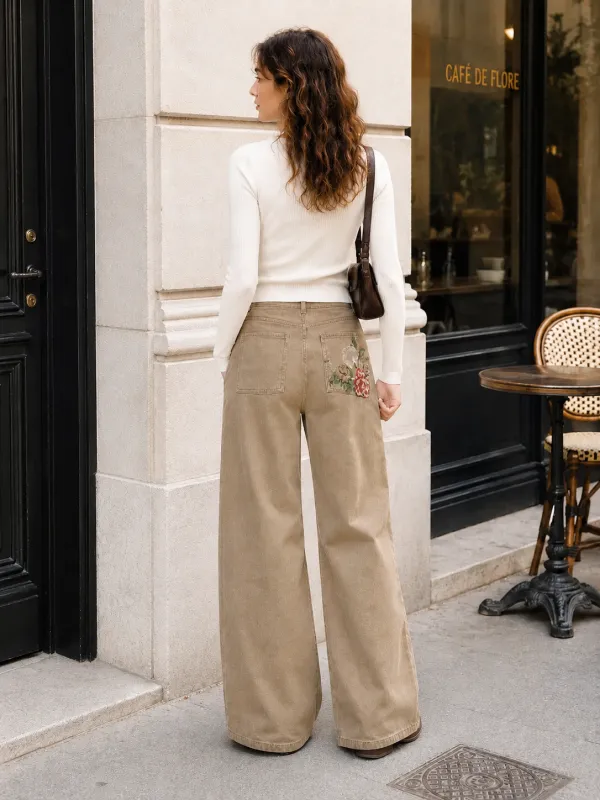 Back Floral Embroidered Wide‑Leg Jeans made by COMMENSE