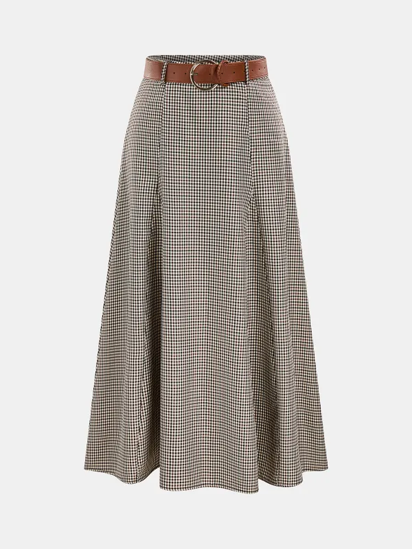 Belted Gingham Midi A‑Line Skirt made by COMMENSE