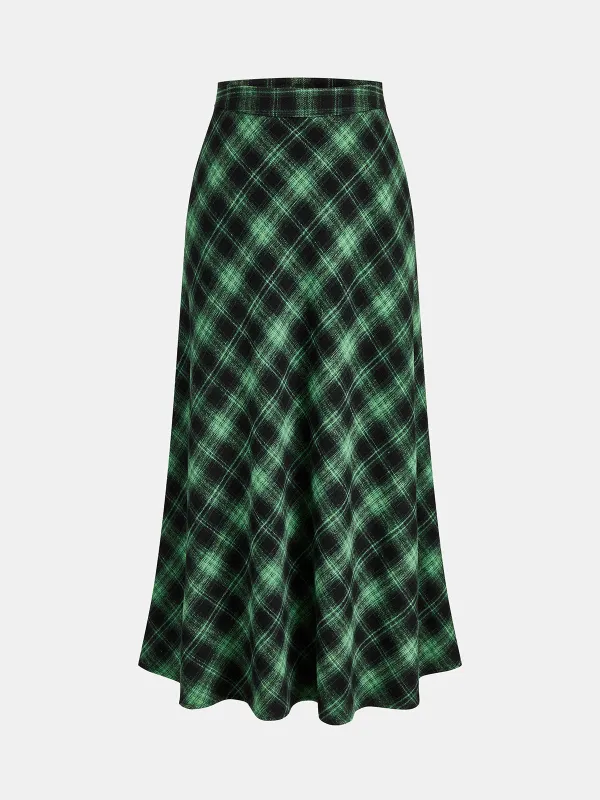 Plaid Wool‑Blend Flared Midi Skirt made by COMMENSE