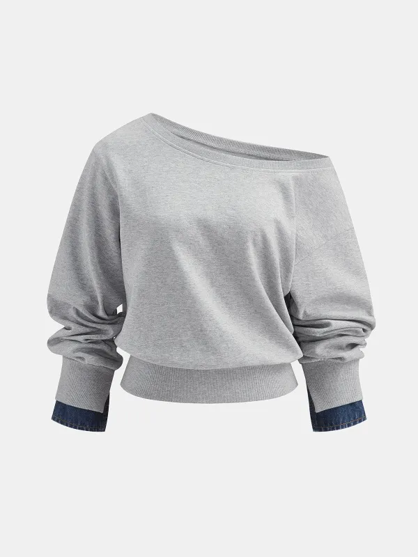 Two‑Way Denim Cuff Off‑Shoulder Sweatshirt made by COMMENSE