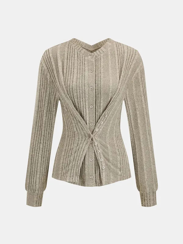 Cross‑Over Front Buttoned Rib Knit Blouse made by COMMENSE