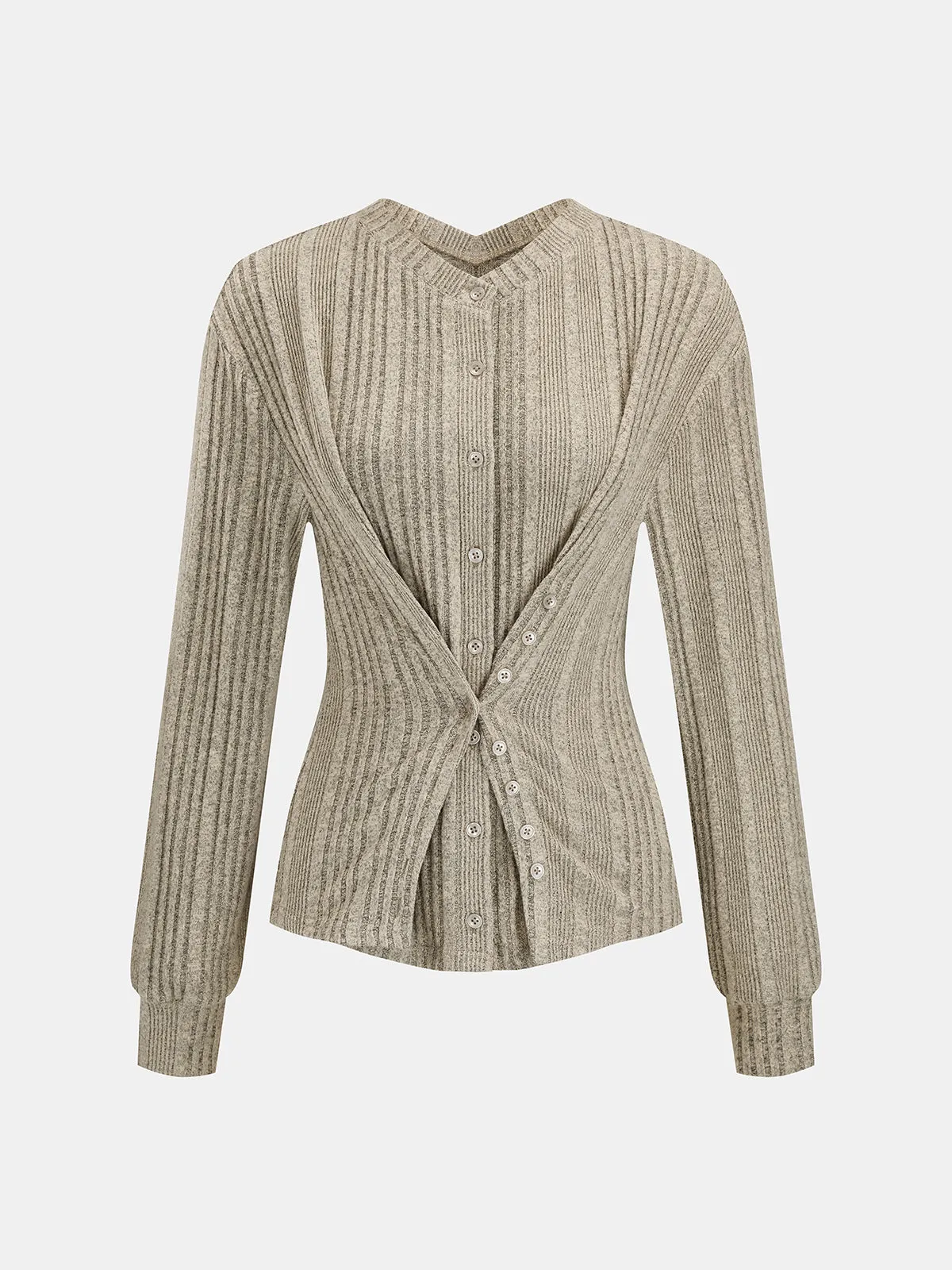 Cross‑Over Front Buttoned Rib Knit Blouse sold by COMMENSE