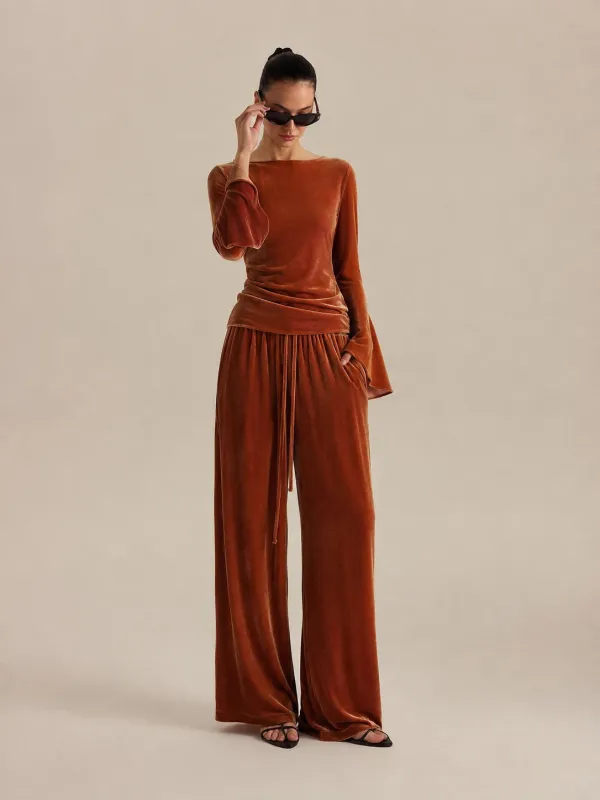 Velvet Flare‑Sleeve Top & Drawstring Pants Set made by COMMENSE