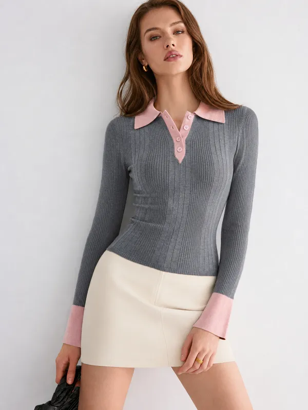 Contrast Collar Wool Blend Ribbed Knit Top made by COMMENSE