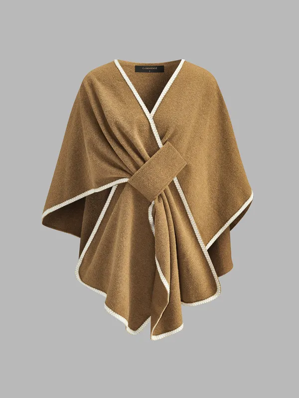 Contrast‑Trim Knotted Poncho made by COMMENSE