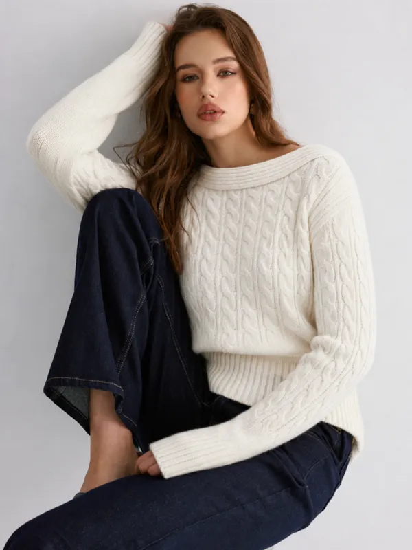 Fold‑Over Wool Blend Cable Knit Sweater made by COMMENSE