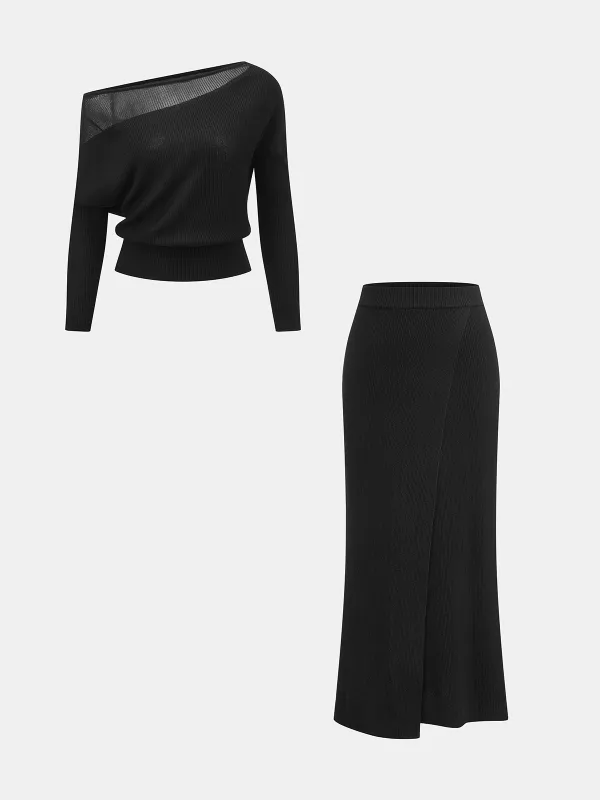 Sheer Panel Off‑Shoulder Knit Co‑ord Set made by COMMENSE