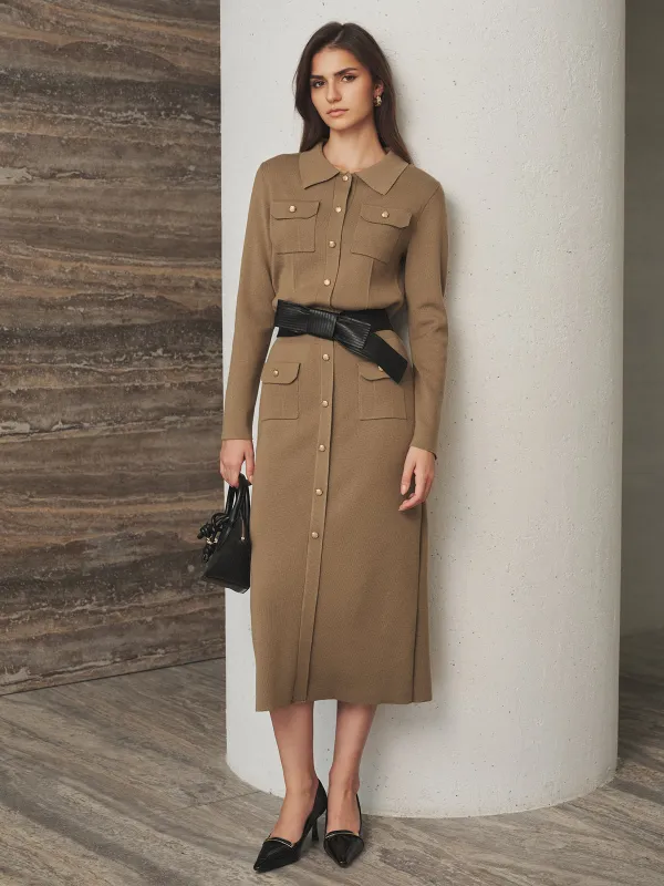 Collared Metal Button Wool Blend Knit Dress without Belt made by COMMENSE