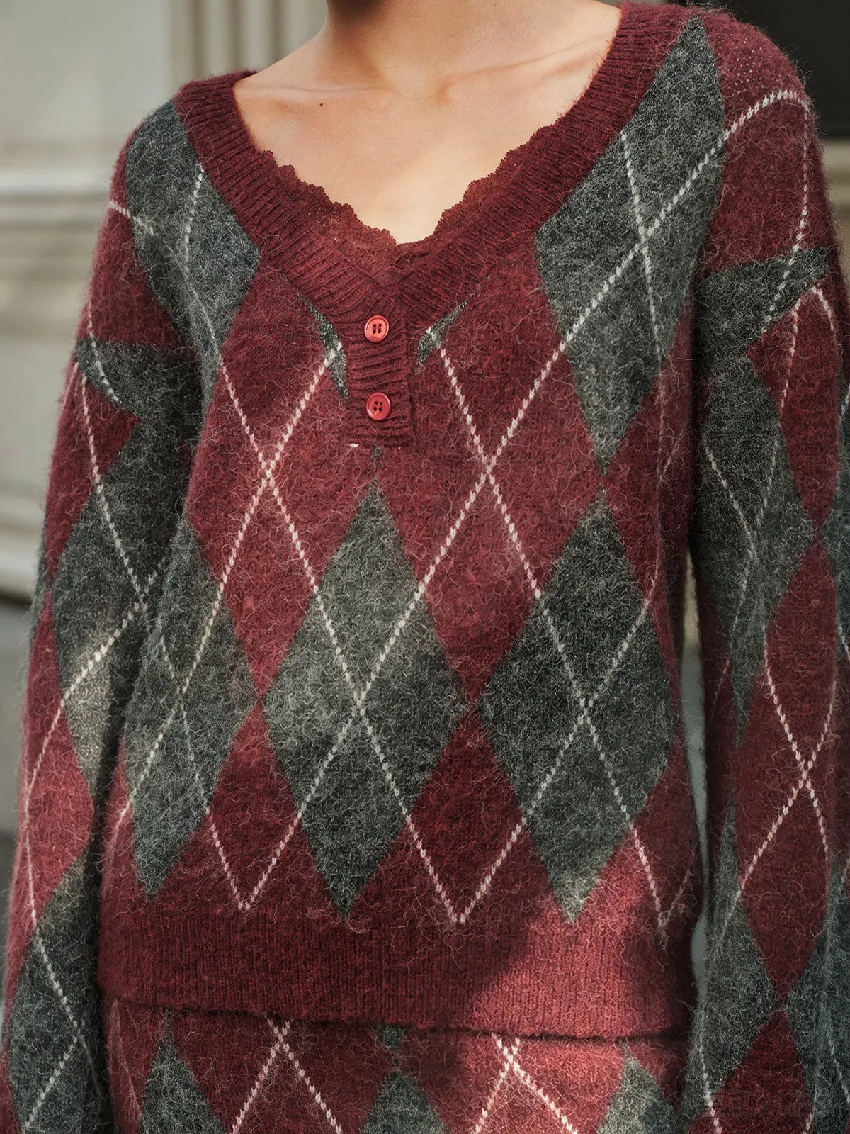 Wool Blend Argyle Knit Two‑Piece Skirt Set sold by COMMENSE product image thumbnail 4
