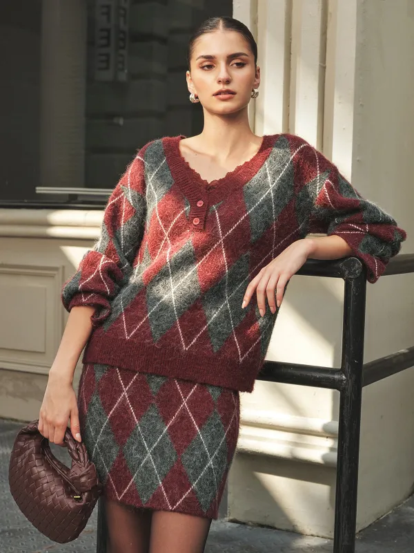 Wool Blend Argyle Knit Two‑Piece Skirt Set made by COMMENSE
