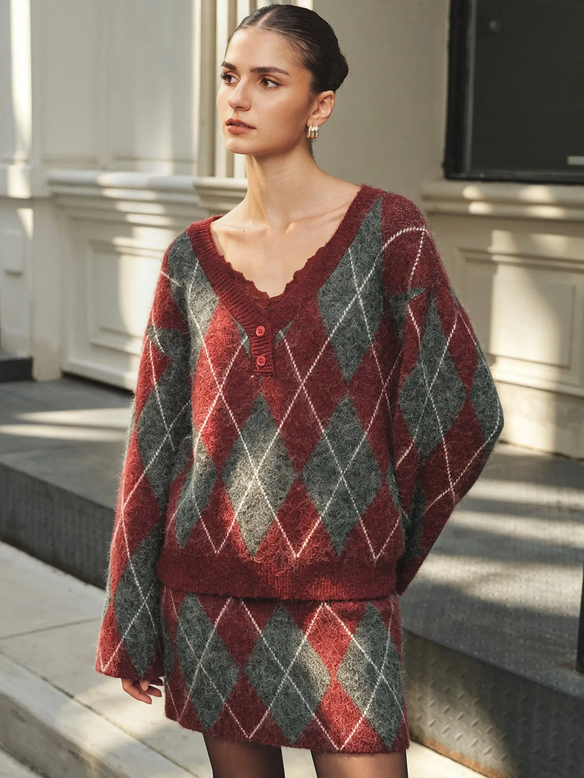 Wool Blend Argyle Knit Two‑Piece Skirt Set sold by COMMENSE product image thumbnail 2