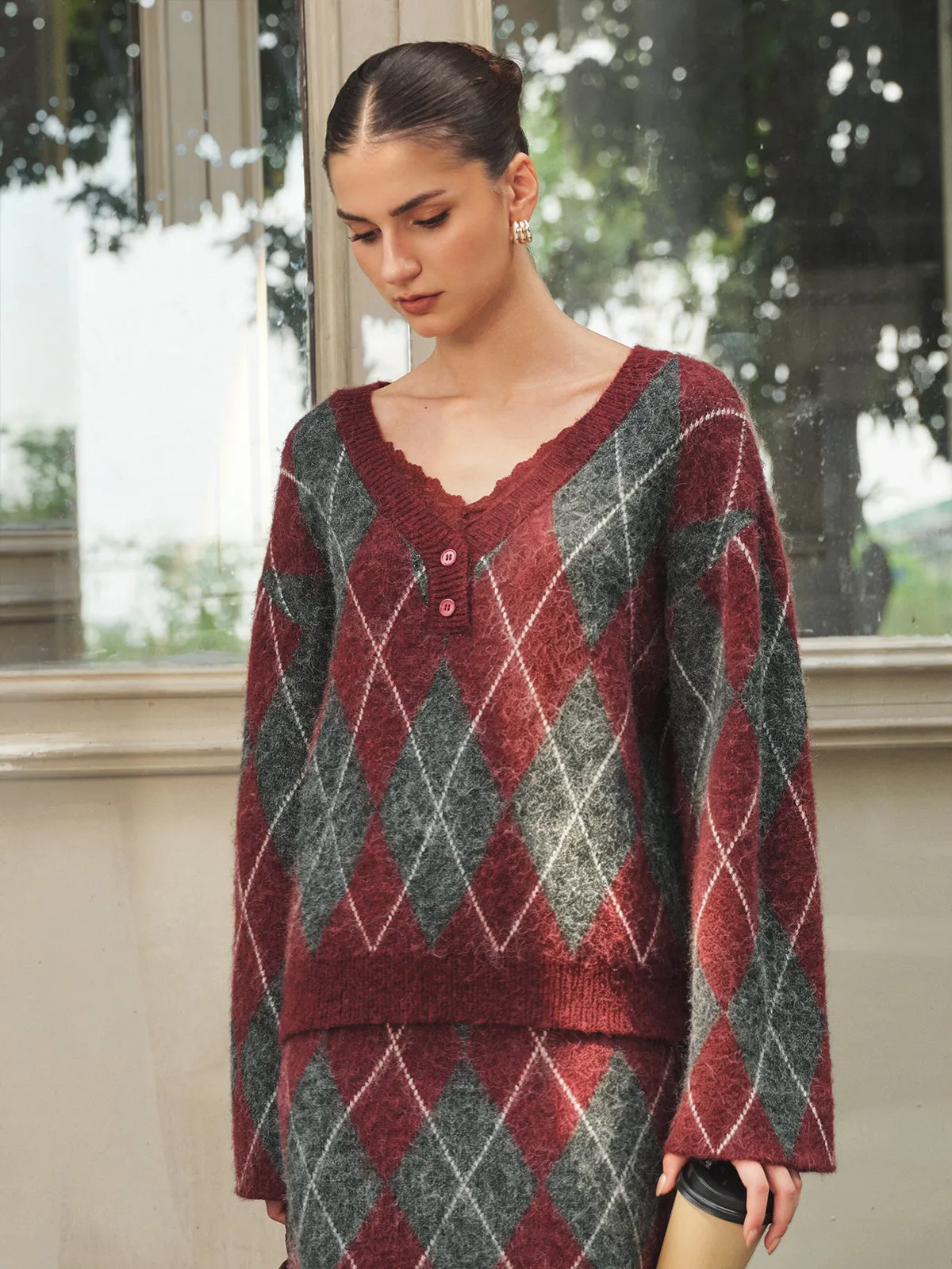 Wool Blend Argyle Knit Two‑Piece Skirt Set sold by COMMENSE product image thumbnail 3