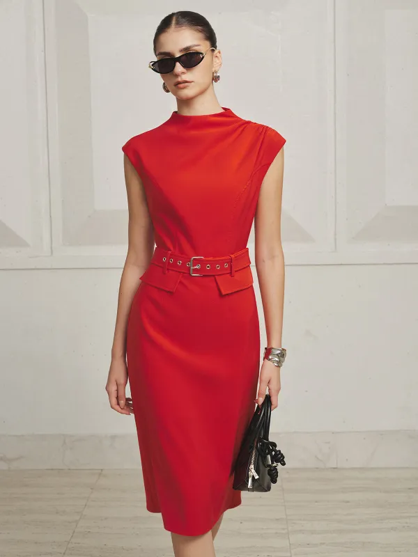 Draped Mock Neck Belted Cap Sleeve Midi Dress made by COMMENSE