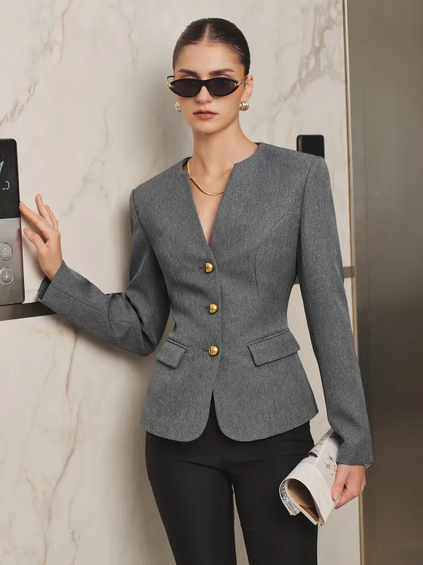 Tailored V‑Neck Metal Button Slim Fit Blazer made by COMMENSE