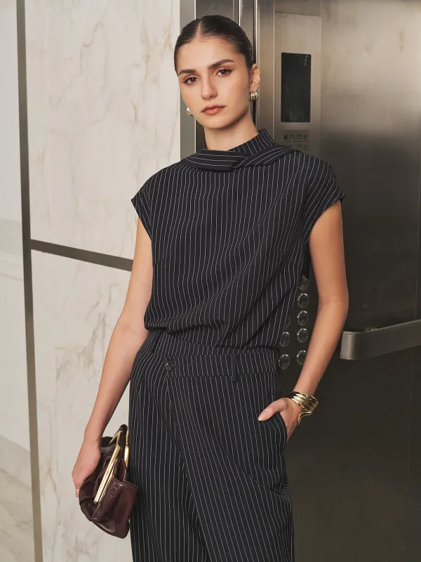 Folded Collar Pinstripe Top Wrap Pants Set made by COMMENSE