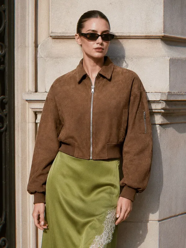 Faux‑Suede Cropped Zip‑Up Bomber Jacket made by COMMENSE