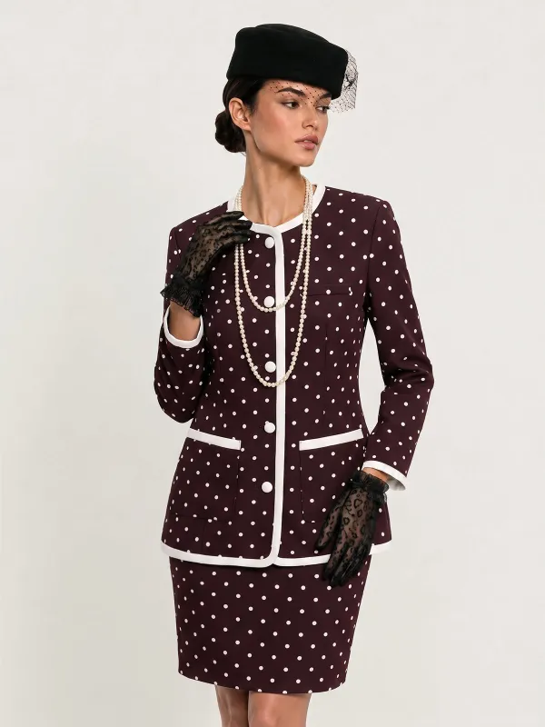 Polka‑Dot Contrast‑Trim Jacket Mini Skirt Set made by COMMENSE