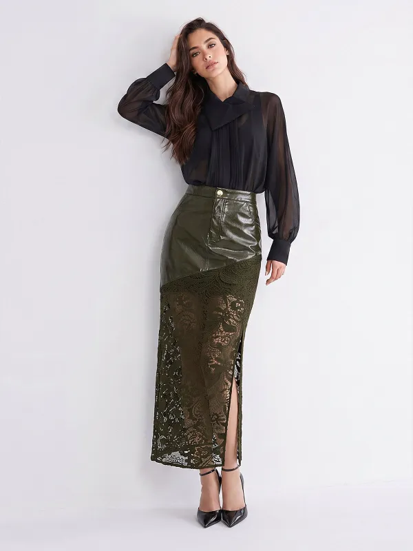 Faux‑Leather Lace‑Patchwork Front‑Slit Midi Skirt made by COMMENSE