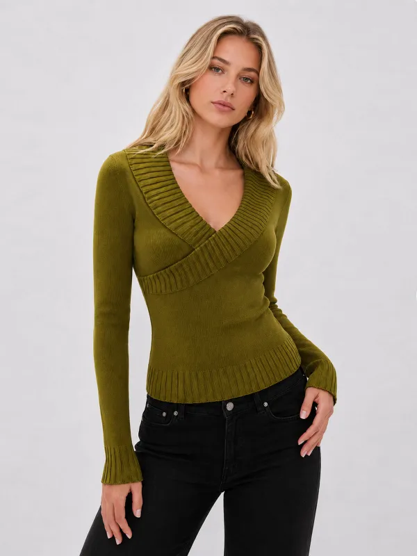 Wrap‑V Collar Ribbed Trim Fitted Knit Top made by COMMENSE