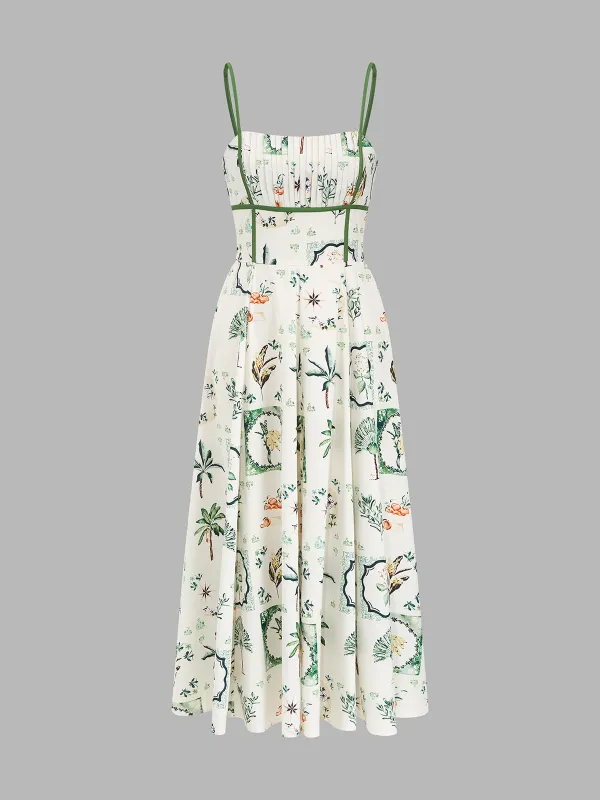 Tropical Print Pleated Bust Midi Slip Dress made by COMMENSE