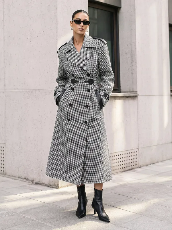 Double‑Breasted Gingham Belted Long Trench Coat made by COMMENSE