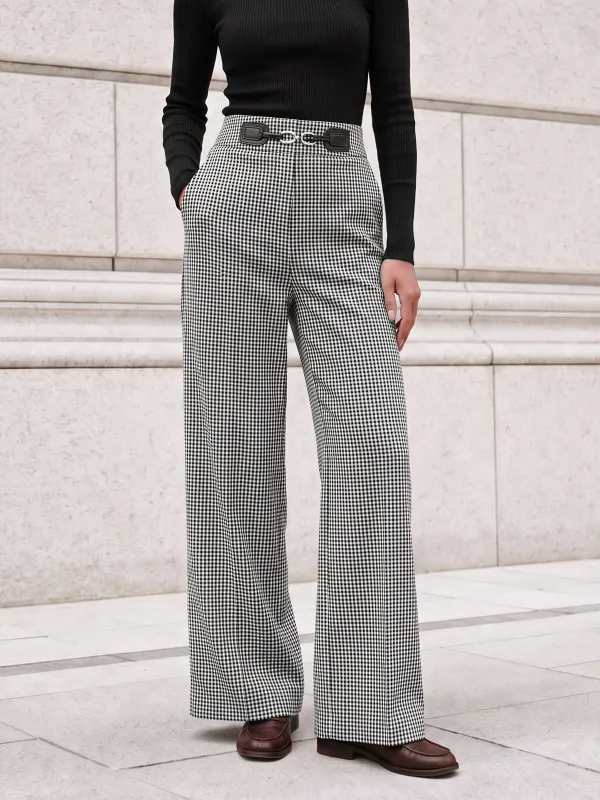 Gingham Metal‑Buckle Wide Leg Pants made by COMMENSE