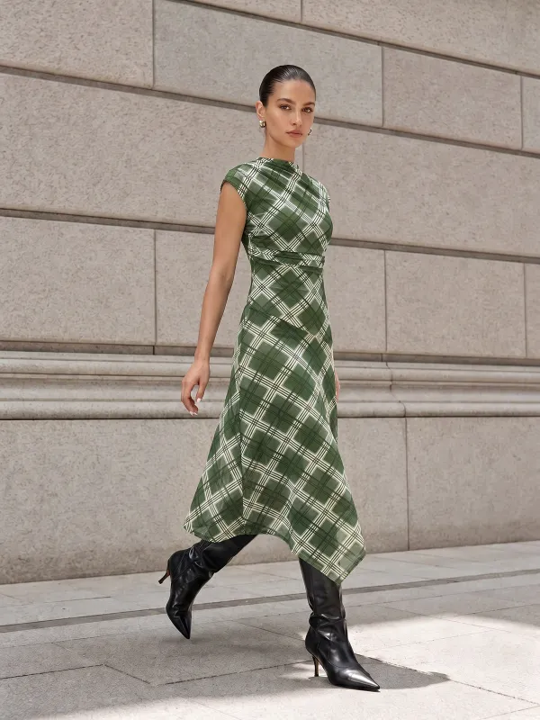 Plaid Mesh Draped Neck Asymmetrical Midi Dress made by COMMENSE