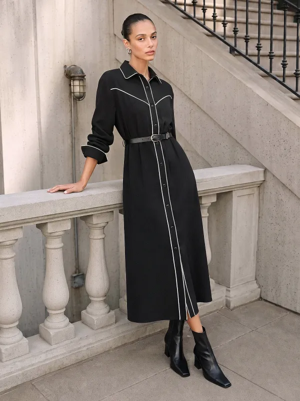 Contrast Piping Belted Shirt Maxi Dress made by COMMENSE