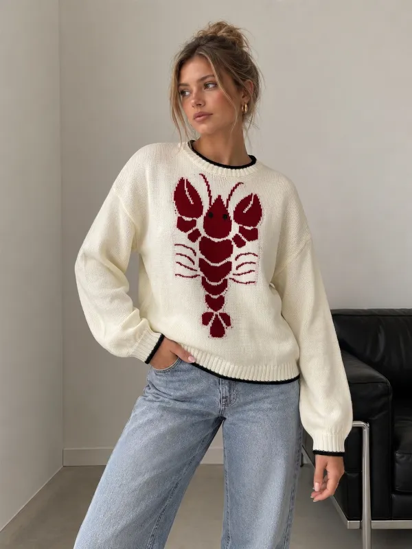 Lobster Jacquard Contrast Trim Knit Sweater made by COMMENSE