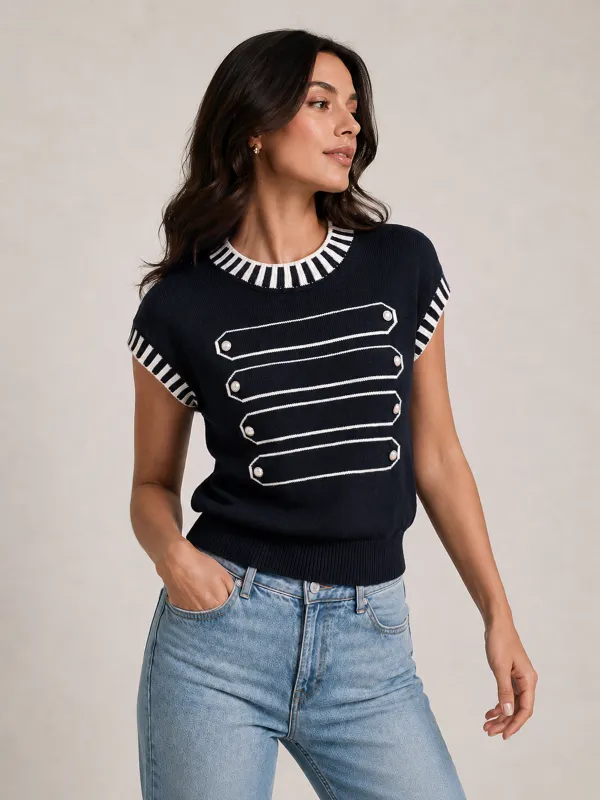Contrast Stripe Trim Napoleon Knit Vest made by COMMENSE