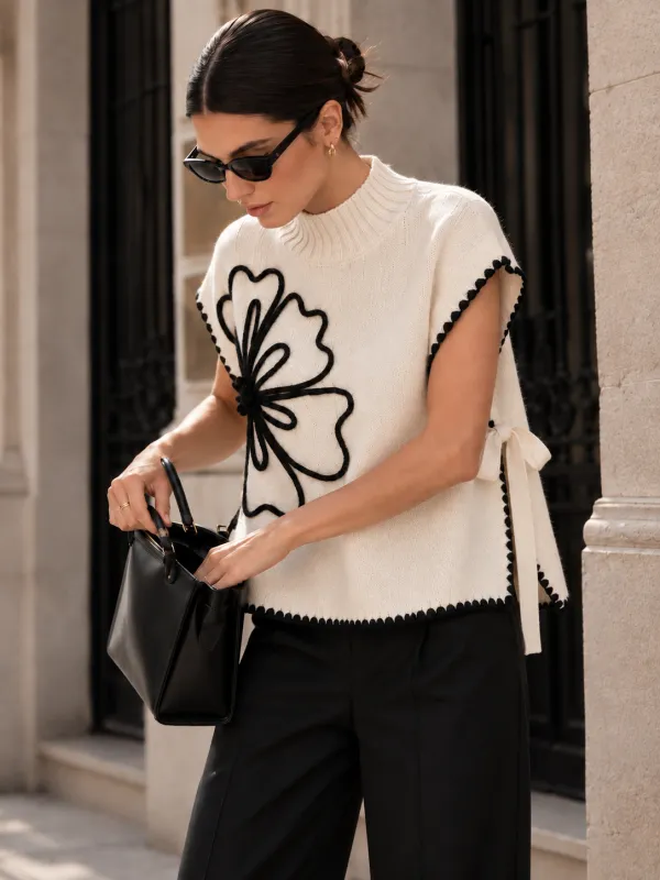 Flower Applique Wool Blend Knit Sweater made by COMMENSE