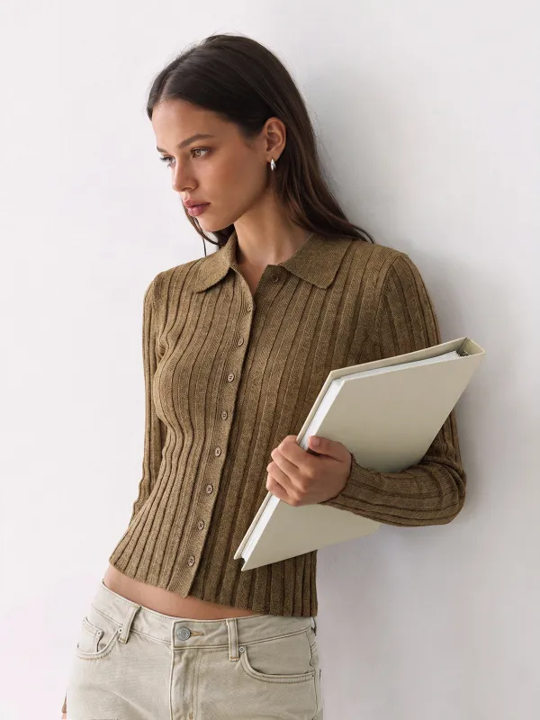 Collared Wool Blend Ribbed Knit Cardigan made by COMMENSE