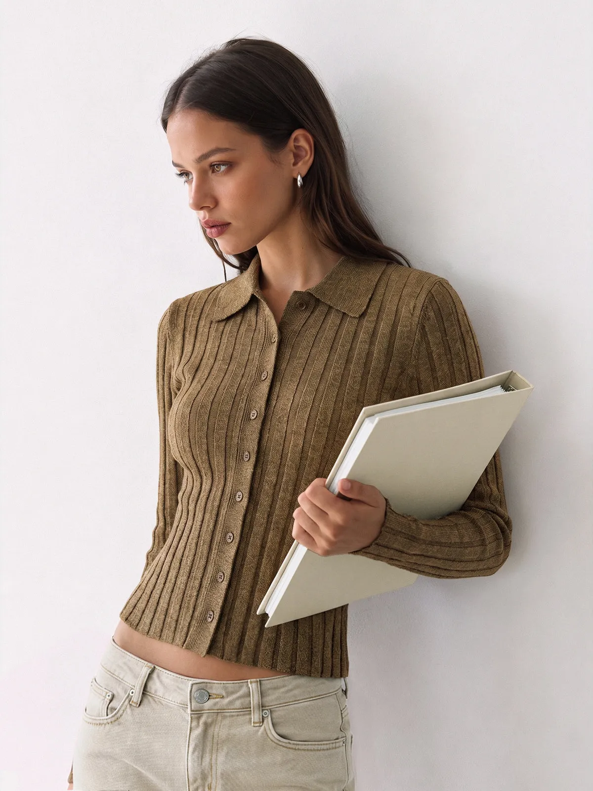 Collared Wool Blend Ribbed Knit Cardigan sold by COMMENSE