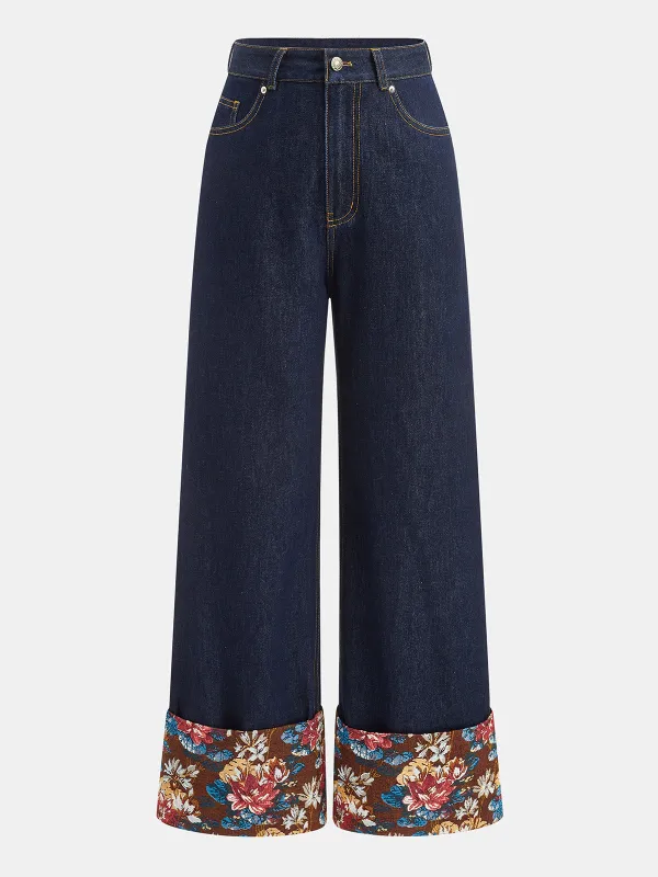 Floral Cuff Turn‑Up Wide‑Leg Jeans made by COMMENSE