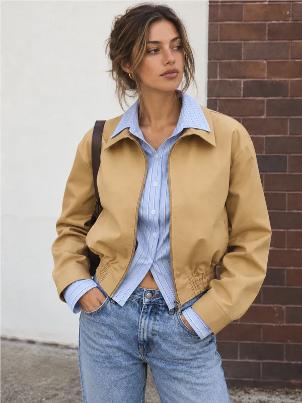 Faux Two Piece Striped Shirt Insert Bomber Jacket made by COMMENSE