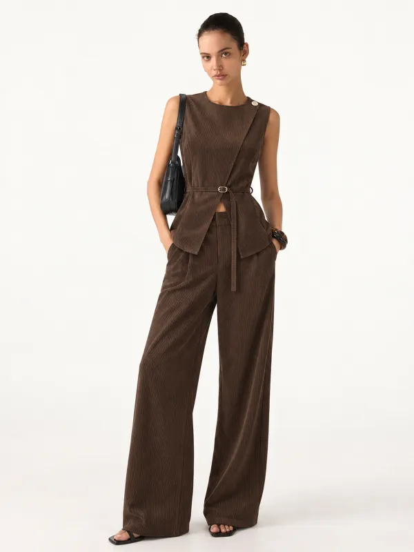 Corduroy Belted Vest Wide‑Leg Pants Set made by COMMENSE