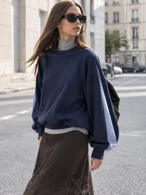 Striped Panel Sleeve Drop‑Shoulder Sweatshirt made by COMMENSE